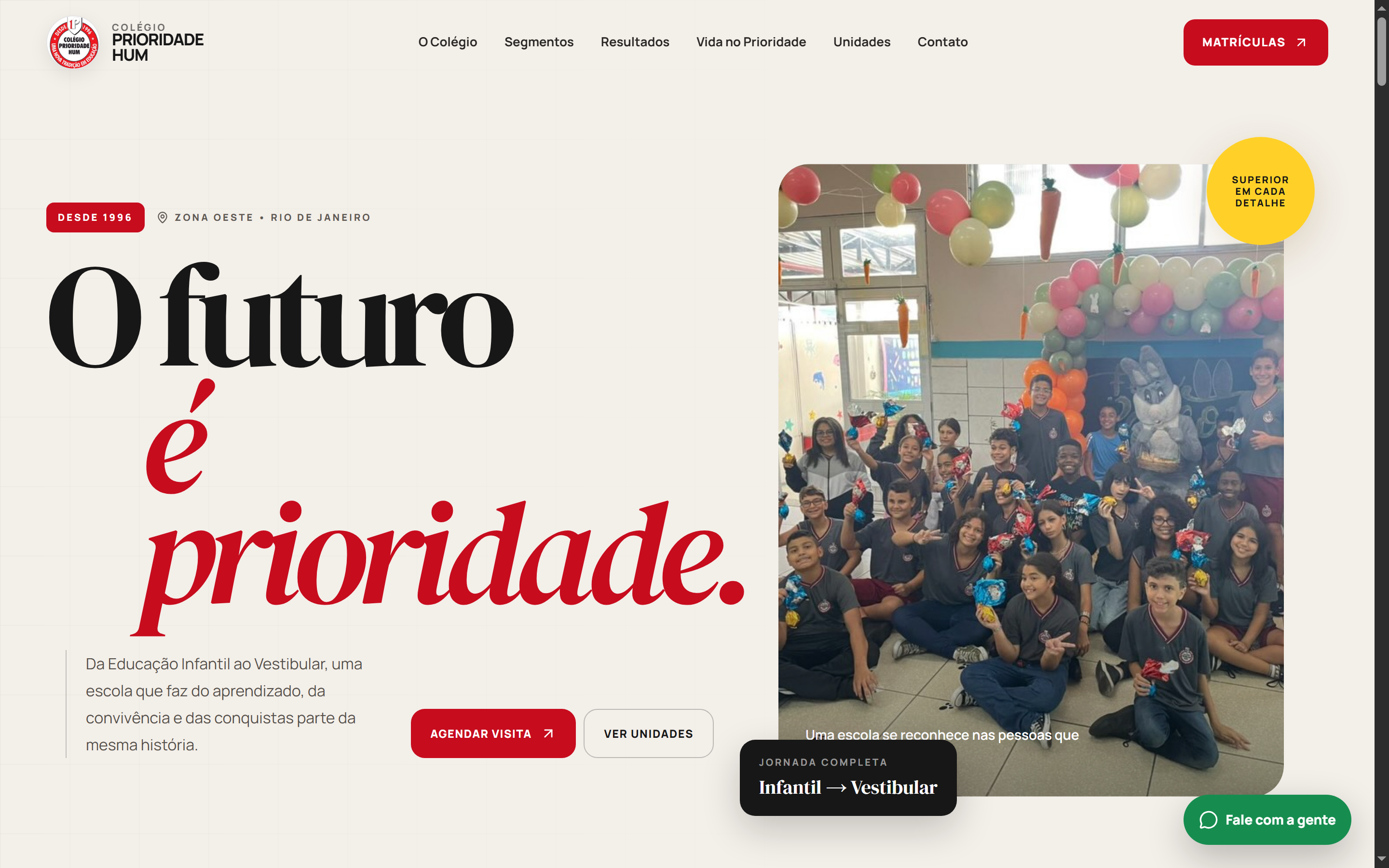 Página inicial do site Colégio Prioridade Hum
